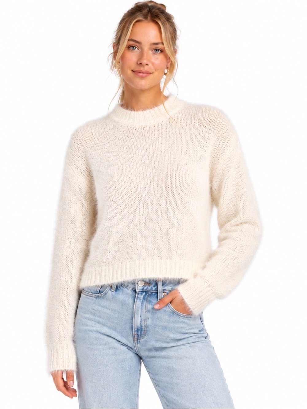 Audrey 3+1 Ivory Eyelash Knit Mock Neck Cropped Sweater Size Small Soft Cozy